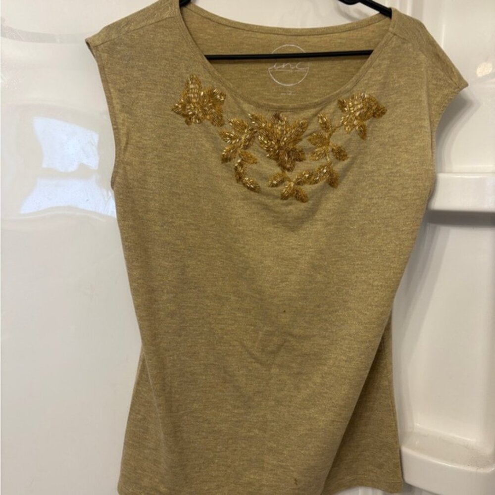 INC International Concepts Short Sleeve Top with Gold Accents